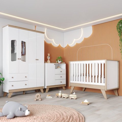 Quarto de Bebê Completo Berço 3 em 1 com Guarda Roupa 4 Portas e Cômoda Retrô Theo Espresso Móveis B
