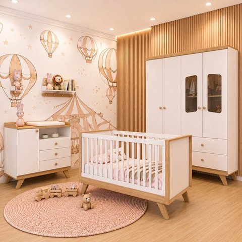 Quarto de Bebê Completo Berço 3 em 1 com Guarda Roupa 4 Portas e Cômoda Retrô Theo Espresso Móveis B