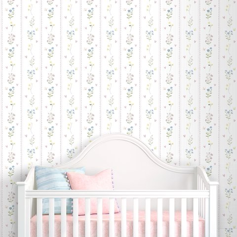 Papel de Parede Floral com Redinha e Coracoes ( Auto Adesivo Fosco )