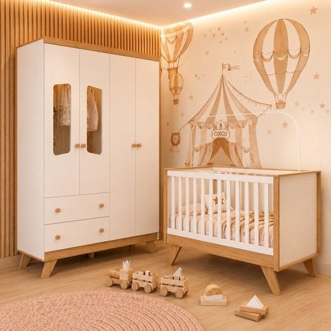 Quarto de Bebê com Guarda Roupa 4 Portas e Berço 3 em 1 Retrô Theo Espresso Móveis Branco/Jequitibá