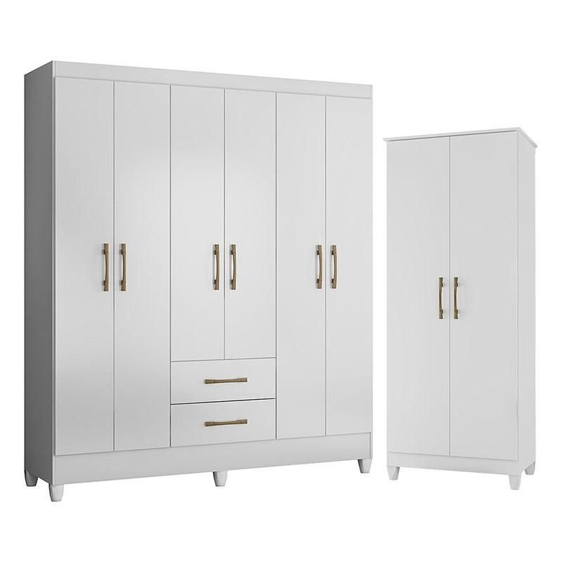 Guarda Roupa Casal Panamá e Armário Multiuso Jade Branco Brilho