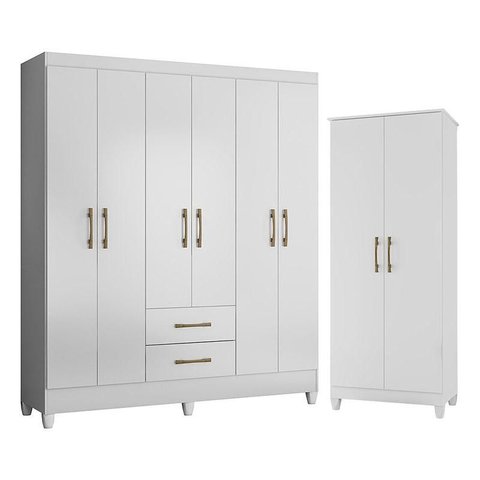 Guarda Roupa Casal Panamá e Armário Multiuso Jade Branco Brilho – Moval