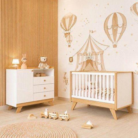 Quarto de Bebê com Berço 3 em 1 e Cômoda 3 Gavetas 1 Porta Retrô Theo Espresso Móveis Branco/Jequiti