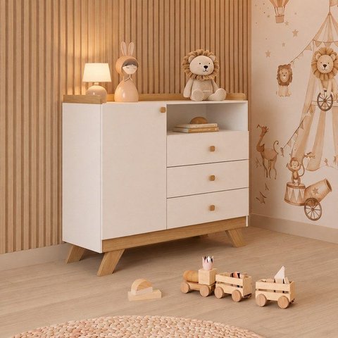 Cômoda Infantil 3 Gavetas 1 Porta Retrô Theo Espresso Móveis Branco/Jequitibá HP