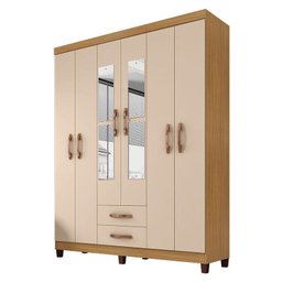 Guarda Roupa Casal Modena com Espelho 6 Portas e Cômoda Sapateira Cannes Carvalho Americano Off Whit - 2