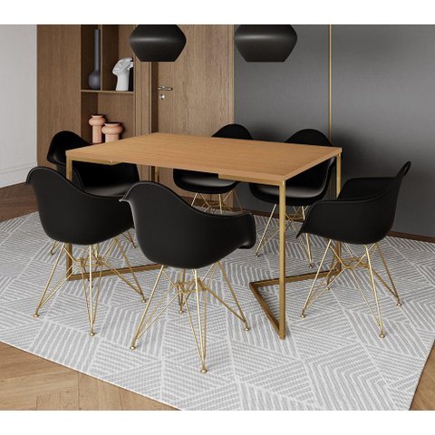 Mesa Jantar Industrial Canela 137x90cm Base V com 6 Poltronas Daw Pretas Base Dourada Preto