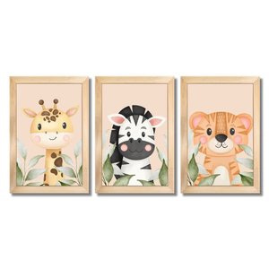 Kit Quadros Infantil Safari Aquarela 20X30 3 peças Arte na Arte Safari Aquarela moldura mel