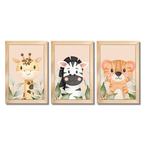 Kit Quadros Infantil Safari Aquarela 20X30 3 peças Arte na Arte Safari Aquarela moldura mel