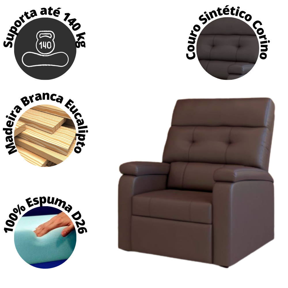 Cadeira Para Idoso Poltrona Estofada Confortavel Corino Marrom - 2