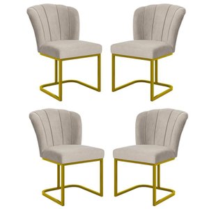 Kit 4 Cadeiras Poltrona Flor Pés Metal Dourado Mesa Sala Cozinha Cor:bege