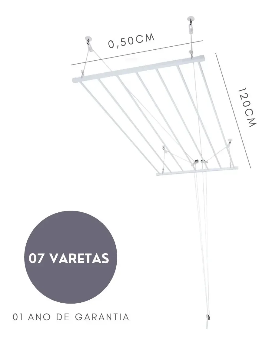 Varal De Teto Tradicional 120cm x 07 Varetas - Em Alumínio Branco - 2