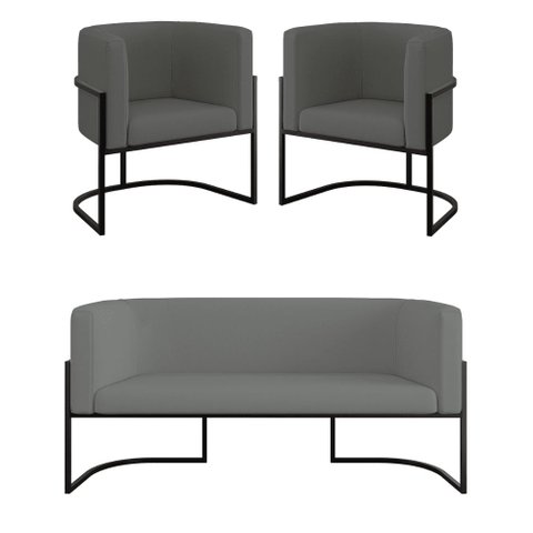 Kit 2 Poltronas + Sofá 2 Lugares Base de Metal Black Veludo Cor:cinza