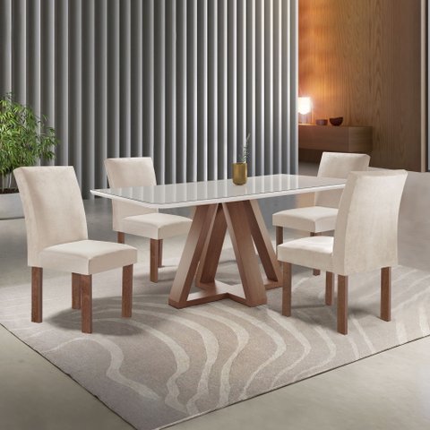 Conjunto Mesa Tampo Smart Plus Vidro Kyra 120CMX90CM 4 Cadeiras Canela