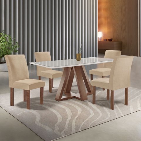Conjunto Mesa Tampo Smart Plus Vidro Kyra 120CMX90CM 4 Cadeiras Canela