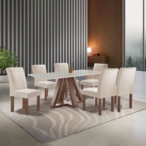Conjunto Mesa Tampo Smart Plus Vidro Kyra 170CMX90CM 6 Cadeiras Canela