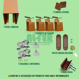Kit Prático para Porta de Correr 80cm Trilho Cereja - 1,60m + 1 Par de Concha - 3