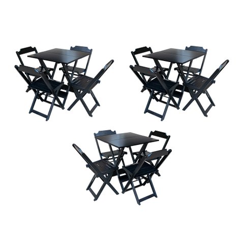 Kit 3 Jogos de Mesa Dobravel com 4 Cadeiras de Madeira 70x70 para Restaurante e Bar - Preto