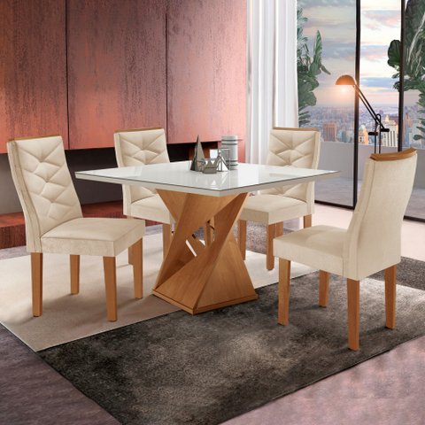 Conjunto Mesa Quadrada com Vidro e 4 Cadeiras 100cmx100cm Barcelona Yescasa