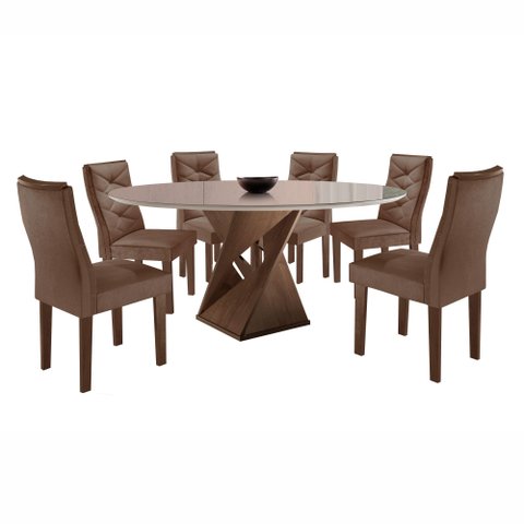 Conjunto Mesa Redonda com Vidro e 6 Cadeiras Tampo 120cmx120cm Barcelona Yescasa