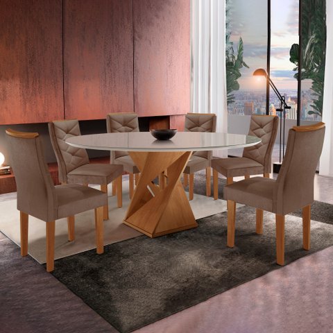 Conjunto Mesa Redonda com Vidro e 6 Cadeiras Tampo 120CMX120CM Barcelona Yescasa