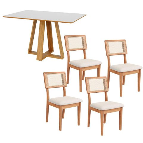 Mesa de Jantar 135cm C/ 4 Cadeiras Estofadas Dalla Costa Mdf Cor:off White com Freijó e Cesare