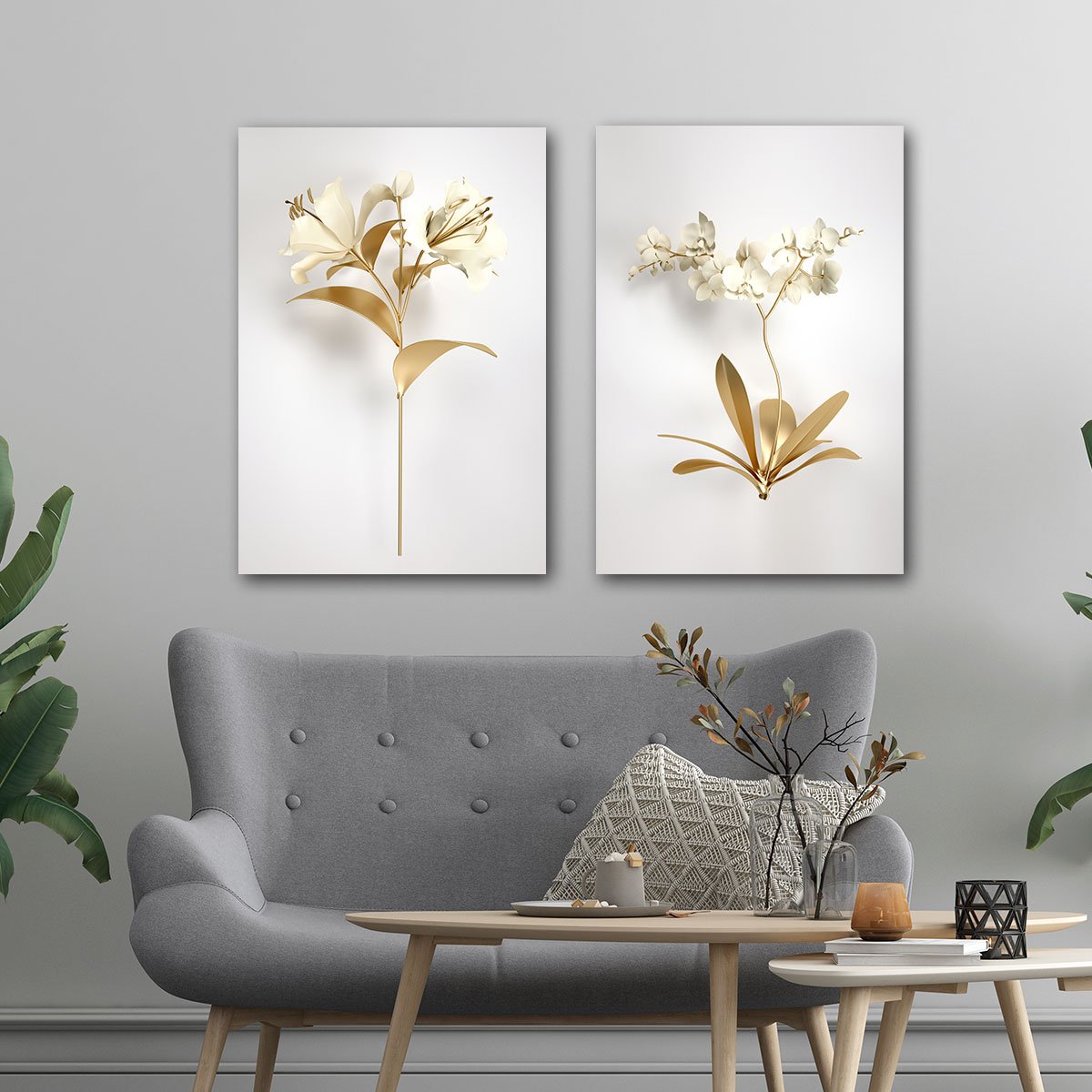 Conjunto Quadros Decorativos Sala Quarto Florais Dourado em Tecido Canvas - 3