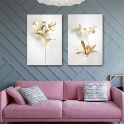 Conjunto Quadros Decorativos Sala Quarto Florais Dourado em Tecido Canvas - 1