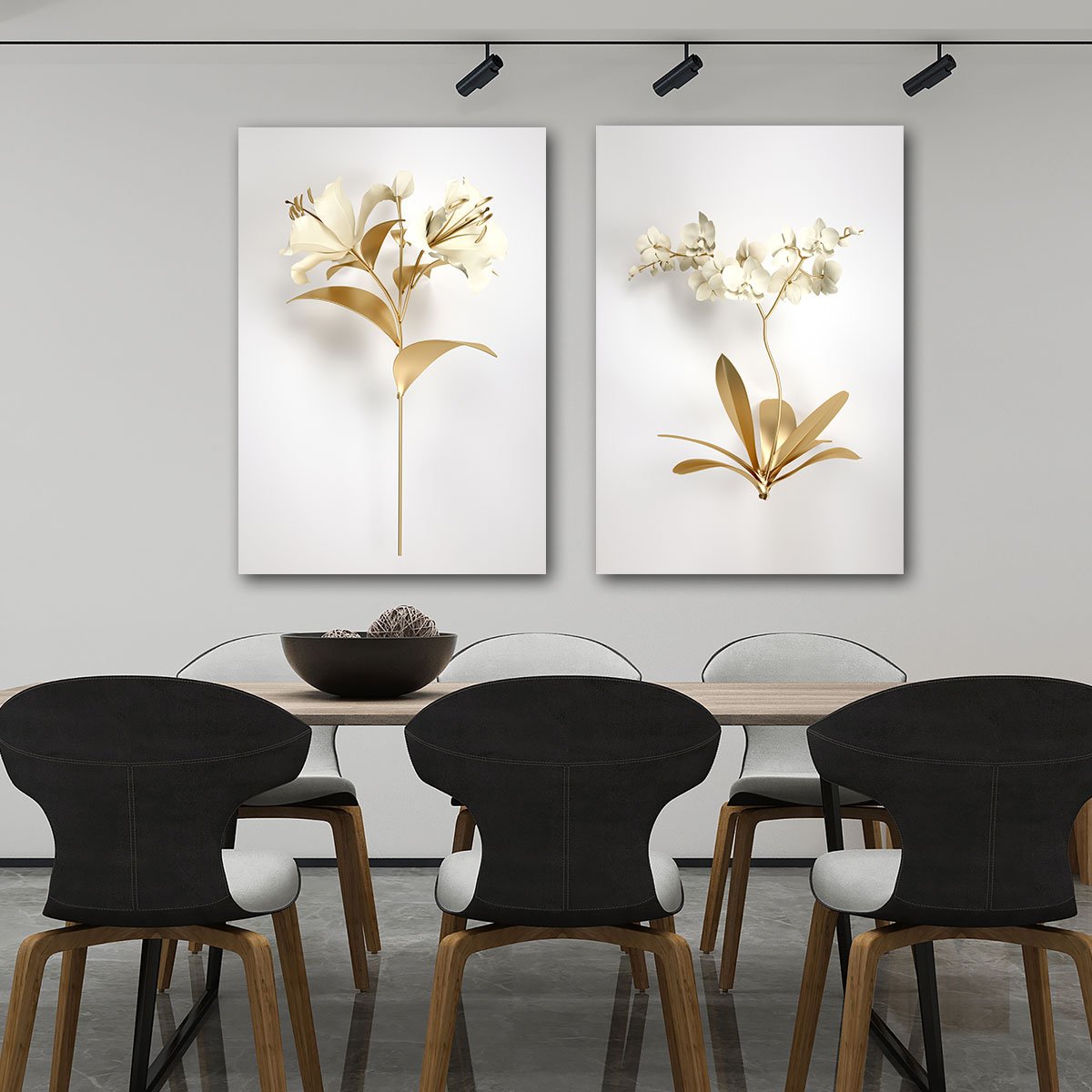 Conjunto Quadros Decorativos Sala Quarto Florais Dourado em Tecido Canvas - 2