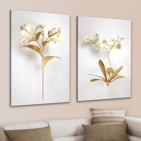 Conjunto Quadros Decorativos Sala Quarto Florais Dourado em Tecido Canvas