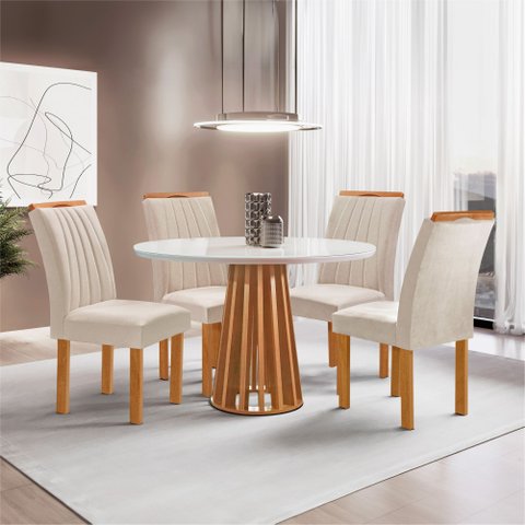 Conjunto Mesa Tampo Redondo Plus Vidro Kansas 100cm 4 Cadeiras Arizona