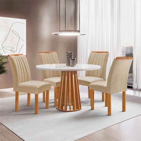 Conjunto Mesa Tampo Redondo Plus Vidro Kansas 100cm 4 Cadeiras Arizona