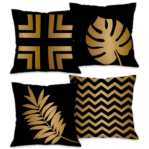 Kit com 4 Capas para Almofadas Decorativas Folhas Pretas com Dourado