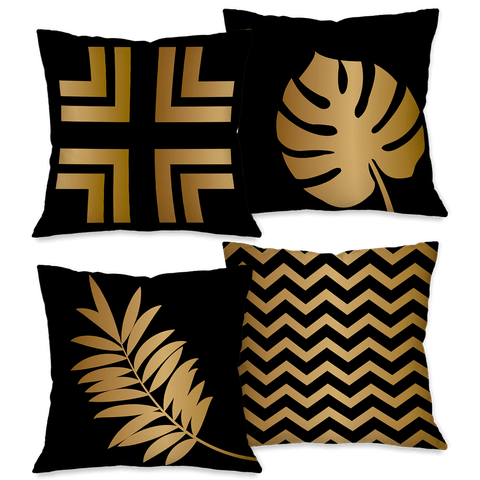 Kit com 4 Capas para Almofadas Decorativas Folhas Pretas com Dourado