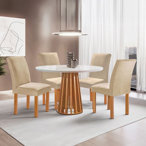 Conjunto Mesa Tampo Redondo Pluis Vidro Kansas 100cm 4 Cadeiras Canela