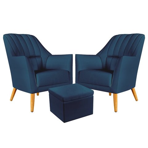 Kit 2 Poltronas Orion Bordada com Puff Quasar Suede Azul Marinho Aradecor