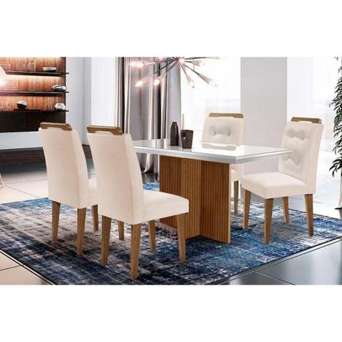 Sala de Jantar Completa Berlim C- Tampo Madeirado Vidro Canto Curvo 120x80cm e 4 Cadeiras Imperatriz