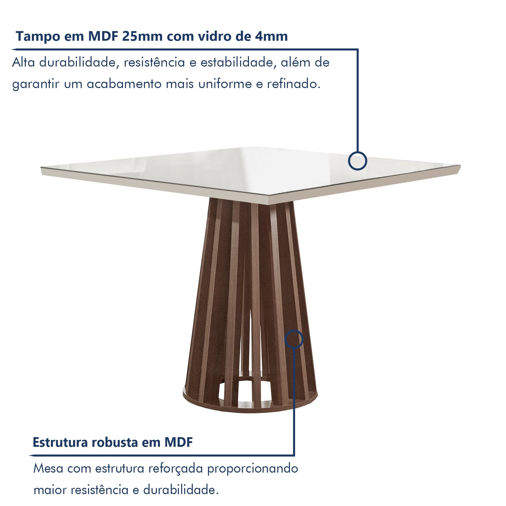 Conjunto Mesa Tampo Slim Plus Vidro Kansas 100cmx100cm 4 Cadeiras Canela - 2