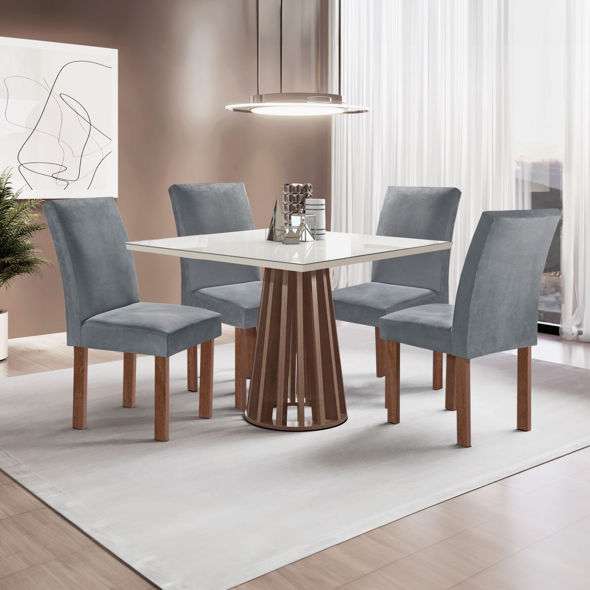 Conjunto Mesa Tampo Slim Plus Vidro Kansas 100cmx100cm 4 Cadeiras Canela - 1