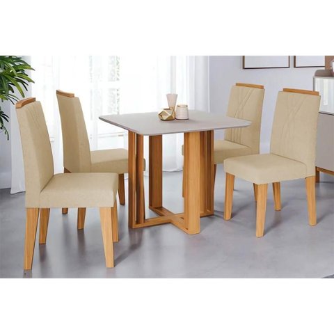 Conjunto: Mesa de Cozinha Flora Tampo Madeirado C/ Vidro 95x95cm e 4 Cadeiras Nicole Nature/suede