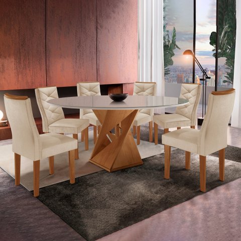Conjunto Mesa Redonda com Vidro e 6 Cadeiras Tampo 120CMX120CM Barcelona Yescasa