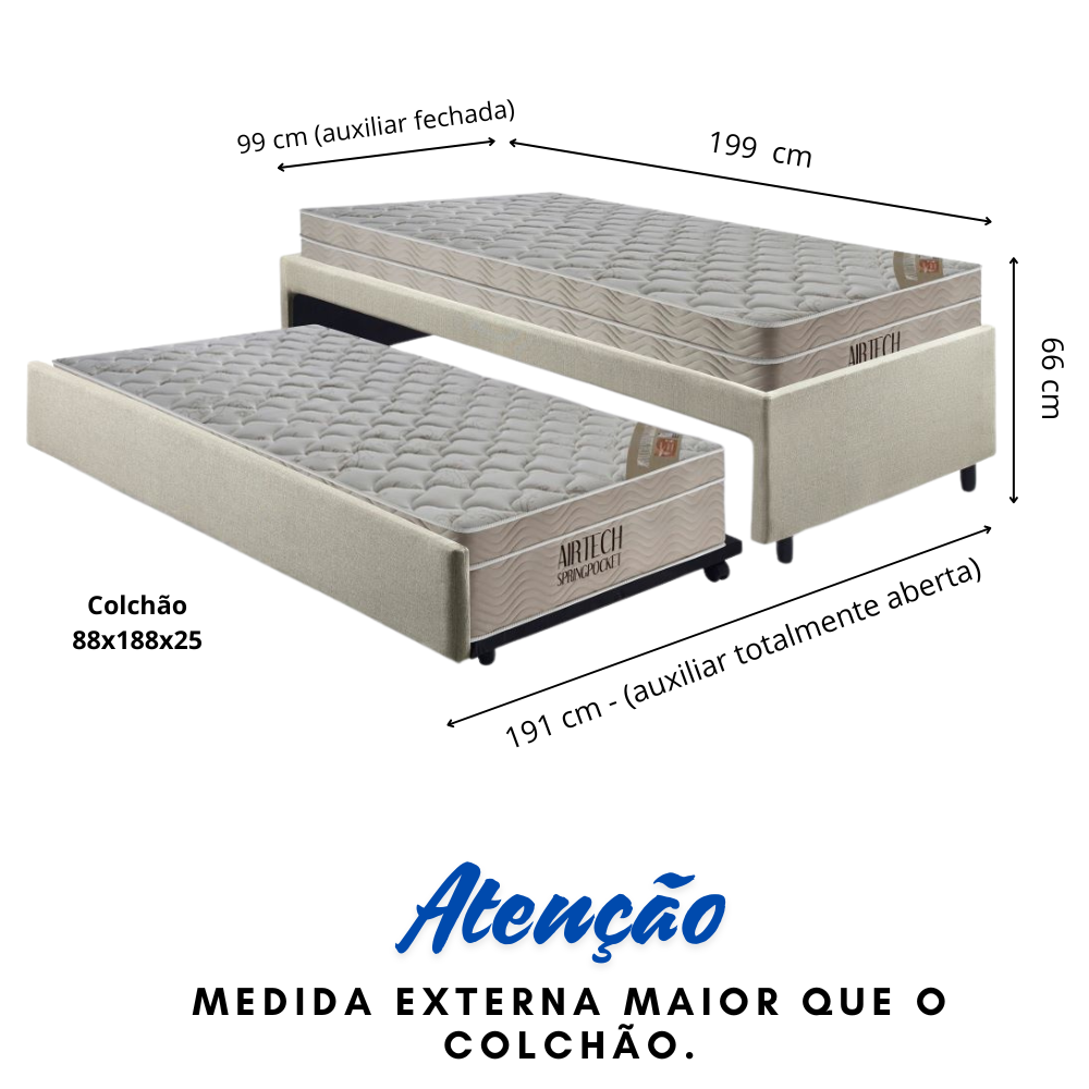 Bicama Box Solteiro Linho Bege 88x188 com Dois Colchões Airtech Molas Ensacadas Ortobom - 3