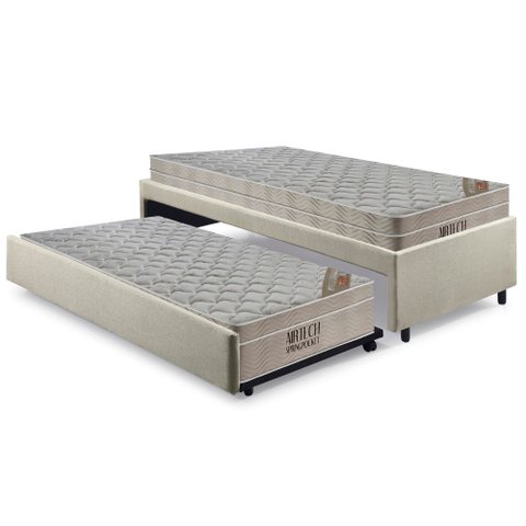 Bicama Box Solteiro Linho Bege 88x188 com Dois Colchões Airtech Molas Ensacadas Ortobom