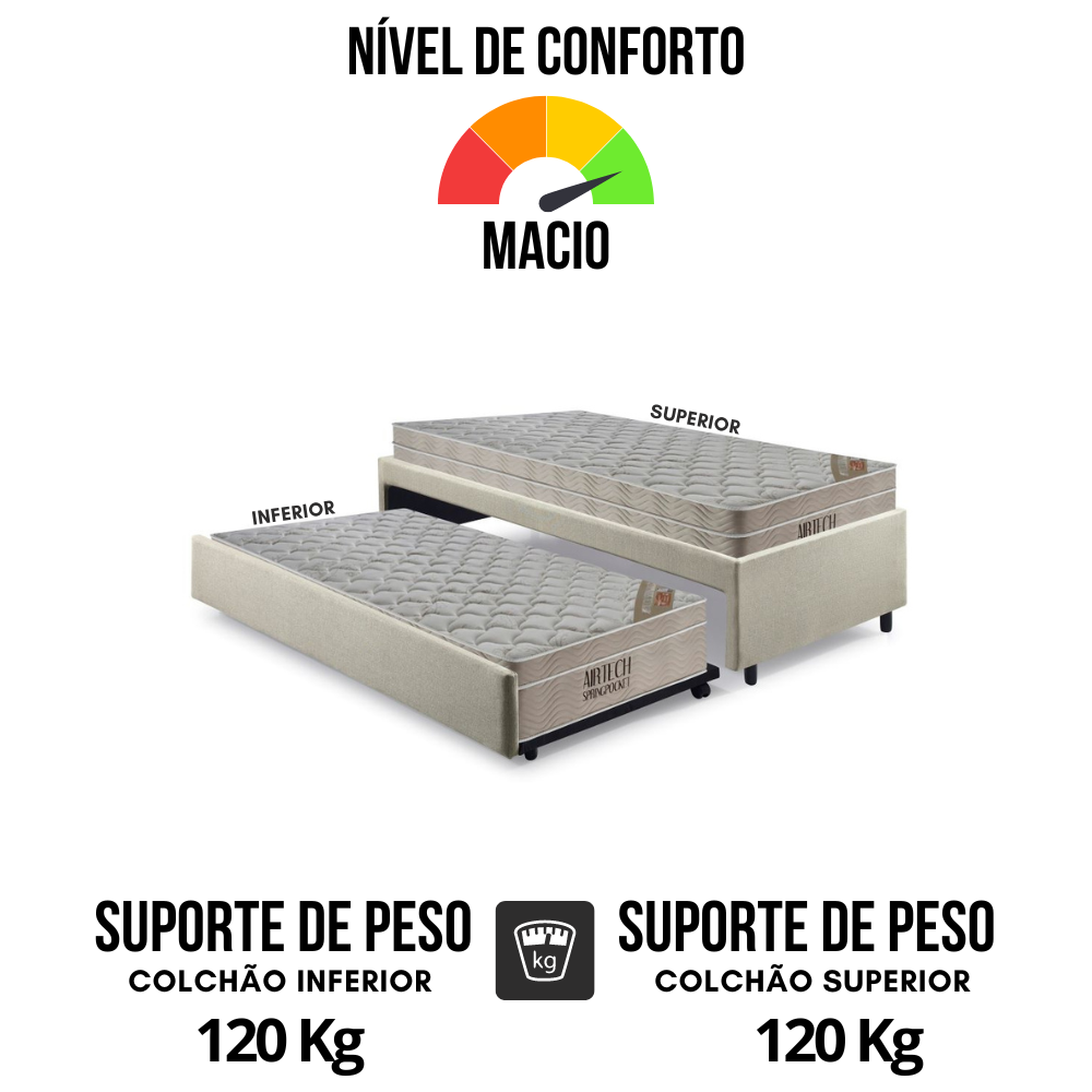 Bicama Box Solteiro Linho Bege 88x188 com Dois Colchões Airtech Molas Ensacadas Ortobom - 7