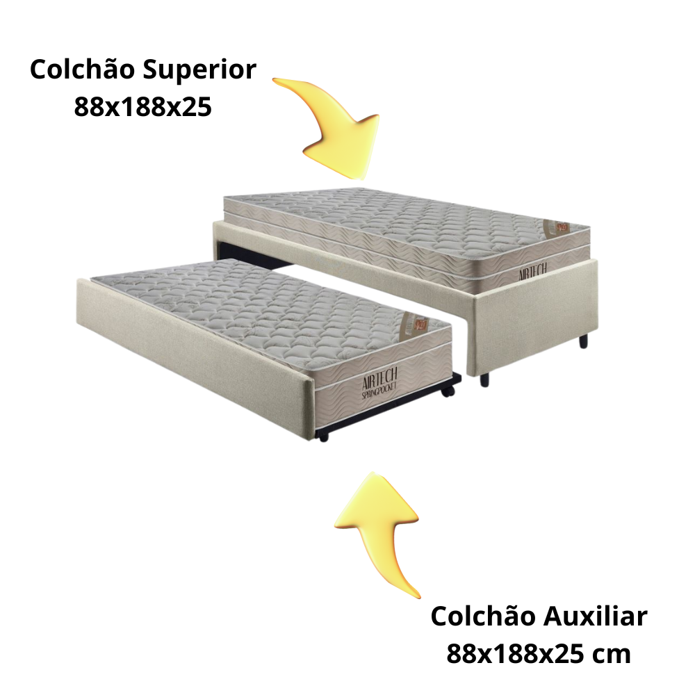 Bicama Box Solteiro Linho Bege 88x188 com Dois Colchões Airtech Molas Ensacadas Ortobom - 9