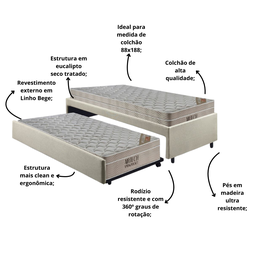 Bicama Box Solteiro Linho Bege 88x188 com Dois Colchões Airtech Molas Ensacadas Ortobom - 4