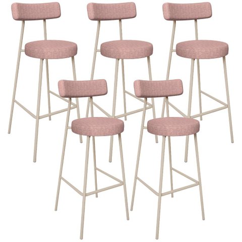 Kit 05 Banquetas Alta Bar Cozinha Sala de Jantar Aço Milão Arena L02 Linho Rosa - Lyam Decor