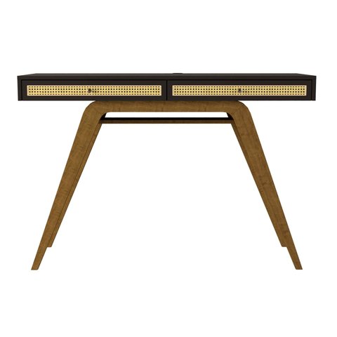 Escrivaninha Penteadeira Ricco 120 Cm Laca com Madeirado 2 Gavetas Palhinha Preto