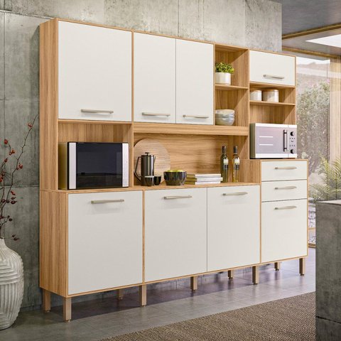 Armário de Cozinha Compacta 8 Portas 2 Gavetas Freijó e Off White Hortelã Branco/Cristal