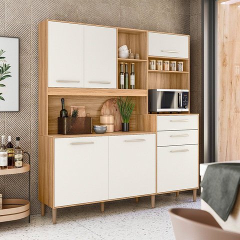 Armario de Cozinha 6 Portas 2 Gavetas Salsa Branco/Freijó/Off White Cristal