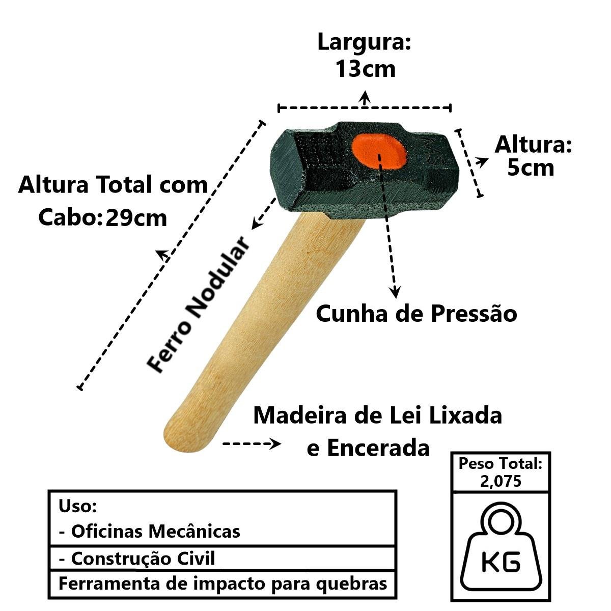 Marreta Cabo de Madeira Lixado Encerado Cunha Pressão 2kg Minasul - 4